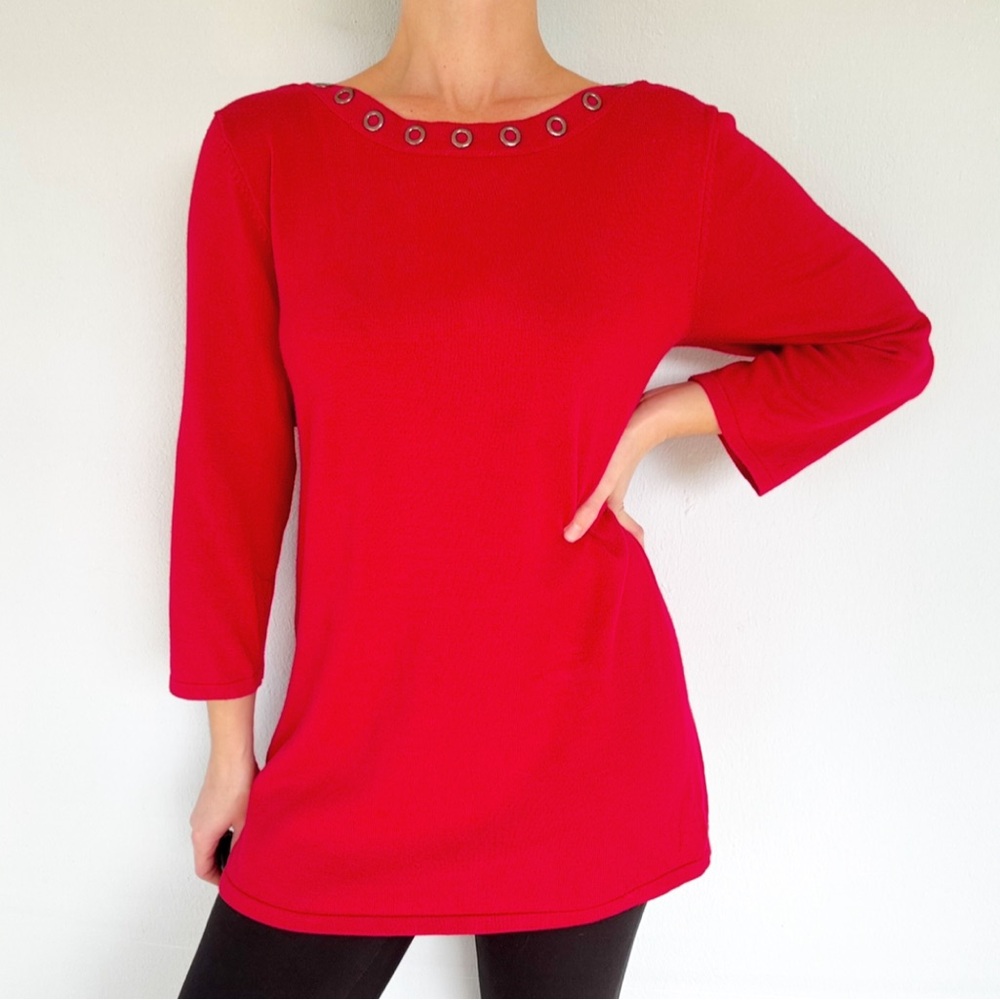 Cable & Gauge red grommet boatneck crop sleeve stretch knit sweater size XL
